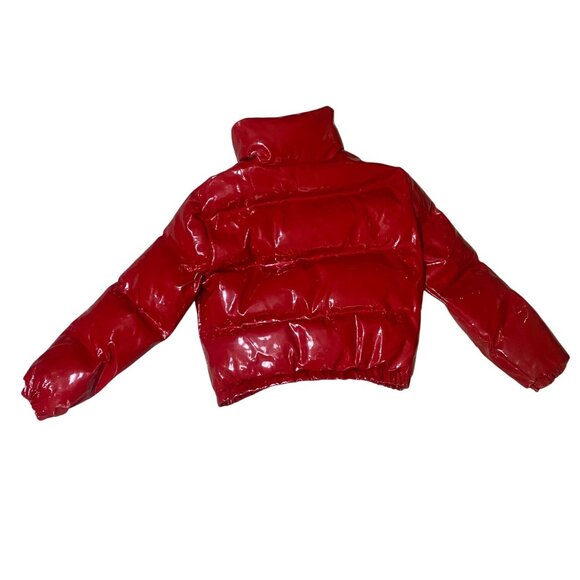 PrettyLittleThing Size M Red Glossy Quilted Puffer Jacket Cropped READ - Picture 9 of 16